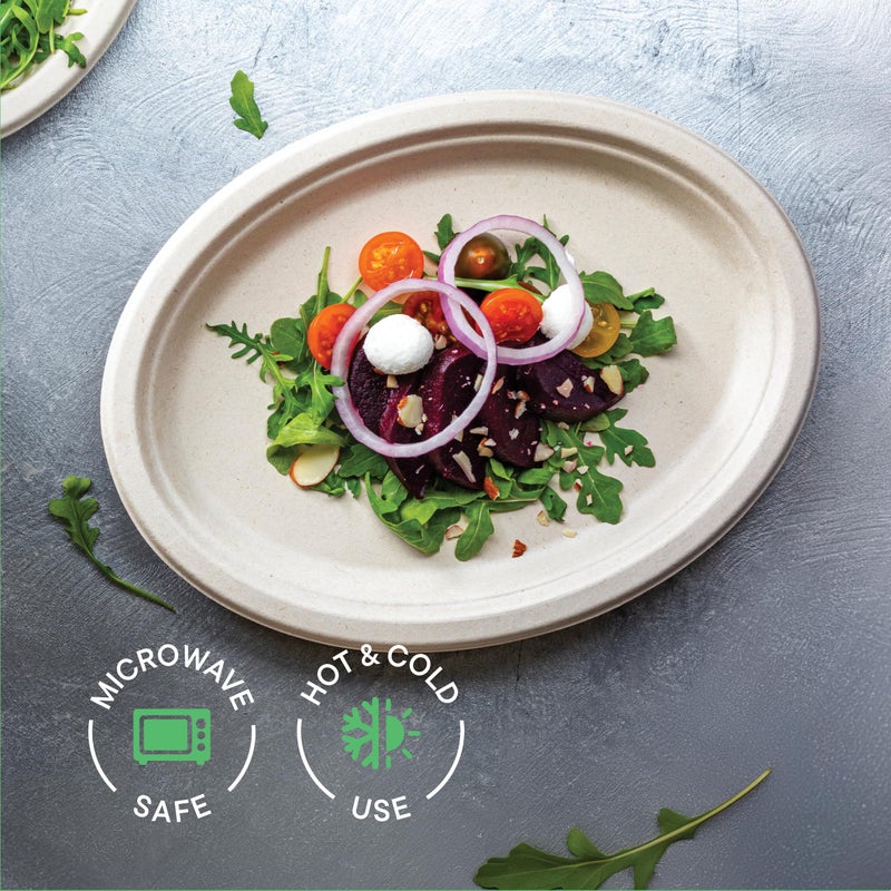Stack Man 100% Compostable Oval Paper Plates [50-Pack] - {PFAS-Free} - {BPI Certified} - [10 Inch] Heavy Duty, Eco-Friendly, Biodegradable Bagasse Dinner Platters - Natural Brown 10" Oval Plates by Stack Man - Image 4